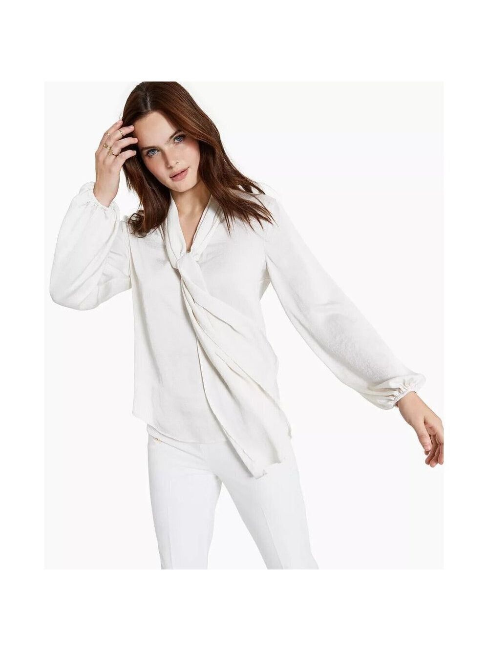 Bar III  Tie Neck Cinched Sleeve Blouse Off-White XXS